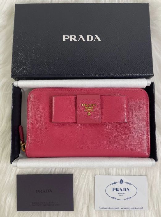 Prada Long Pink Saffiano Leather Wallet with Round Zipper and Ribbon Detail
