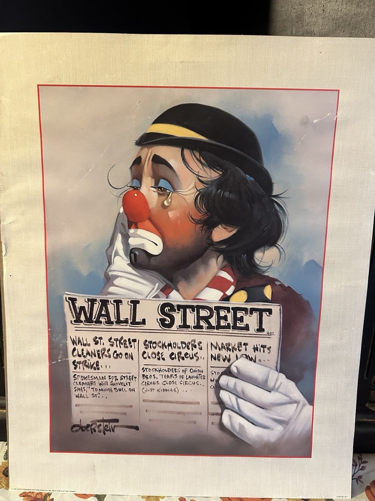 1986 Wall Street Sad Clown Art Print Scafa Tornabene 80s Decor Vintage