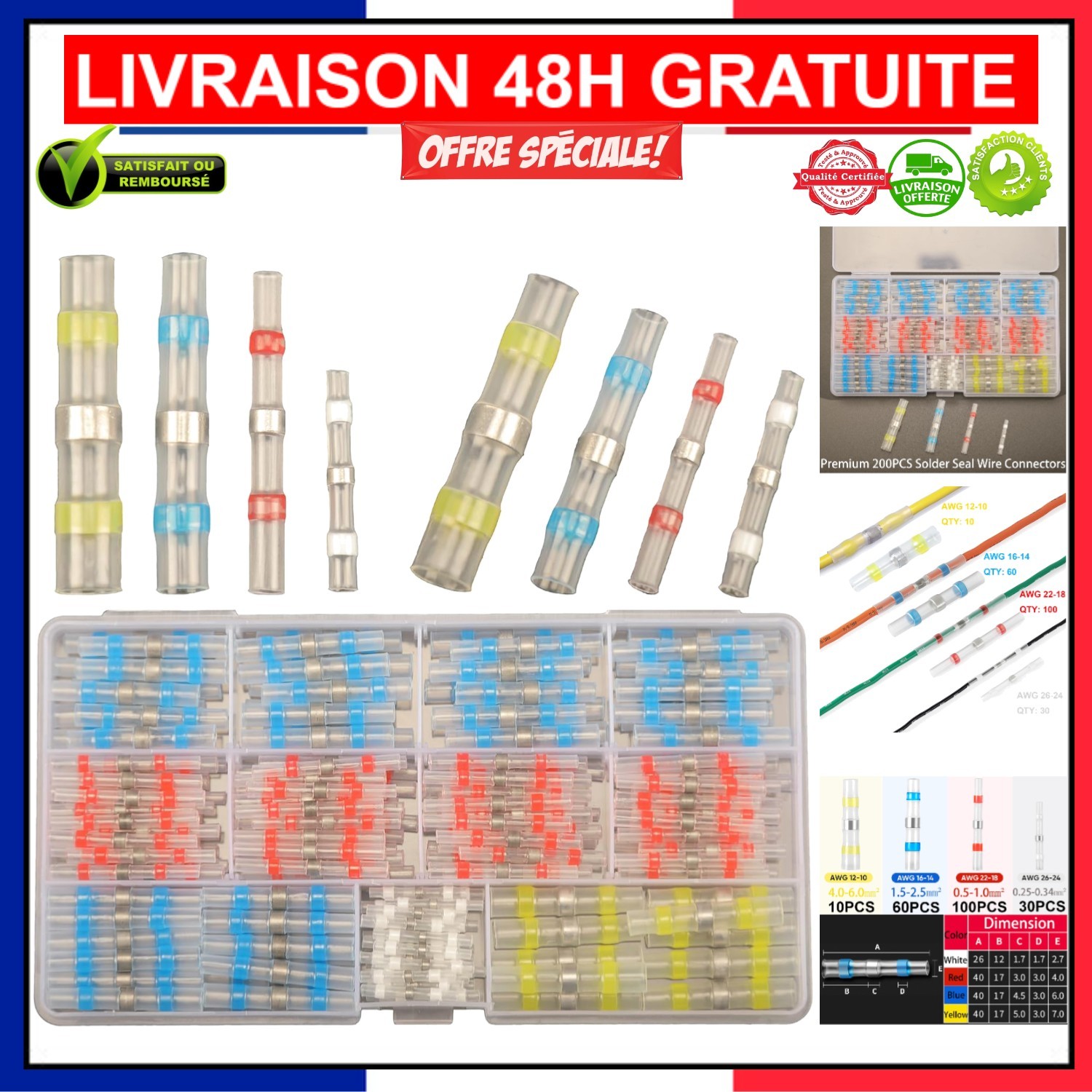 Cosses thermorétractables étanches de 200 pièces connecteurs de câbles électriques