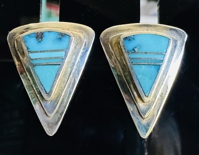 Charles Willie David Rosales Sterling Silver Turquoise Inlay Navajo Earrings