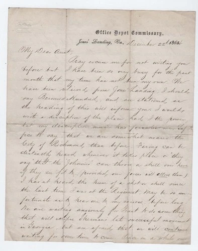 CIVIL WAR LETTER - 6th CT Infantry at Jones Landing VA - Hears Richmond Fighting