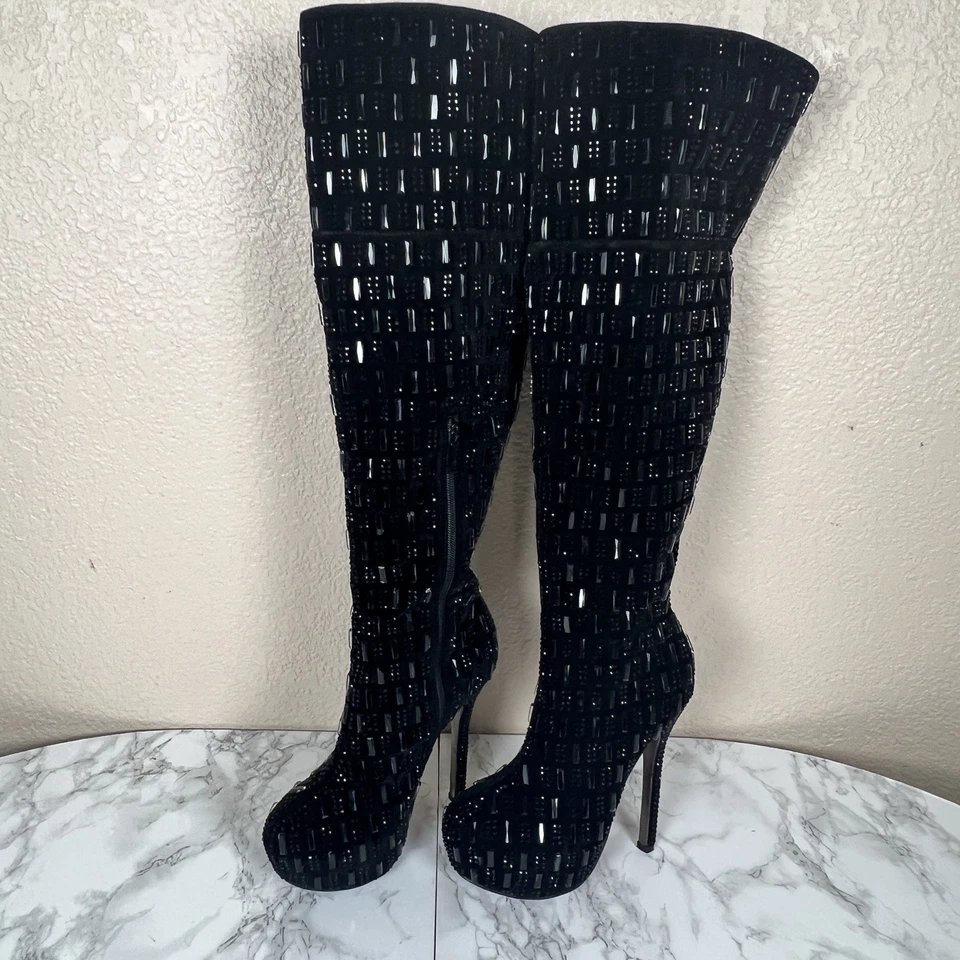 Jeweled Sequin Over The Knee Boots Stiletto Hidden Platform Size 8 Shiekh - Image 3 of 4