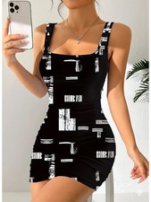 Women's Geometric Print Round Neck Sleeveless Camisole Dress Summer Casual Fashi
