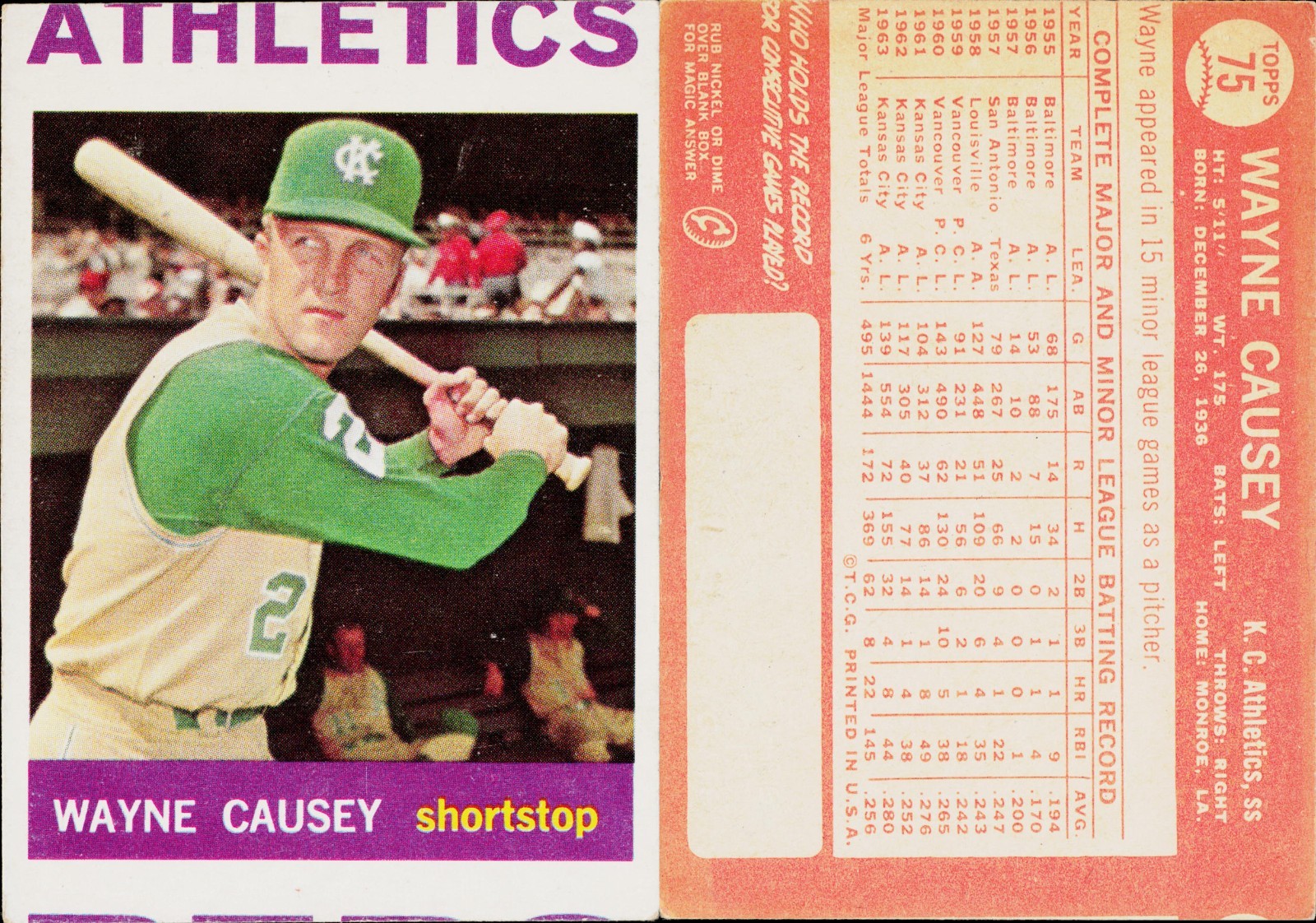 1964 Topps Baseball Card #75 Wayne Causey Kansas City Athletics