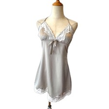 Superdown Mini Halter Dress Slip Cami Lace Trim Front Bow Grey Satin Medium