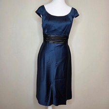 Adrianna Papell Navy Blue Satin Cap Sleeve Cocktail Dress Black Sash Size 8