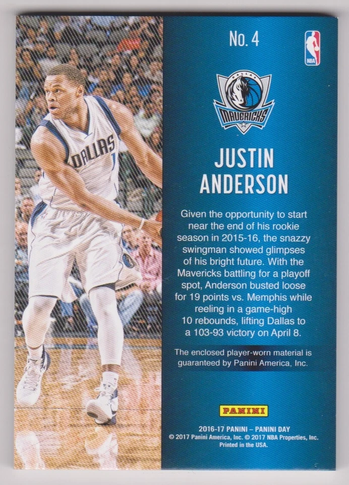 Tarjeta Galáctica Justin Anderson 2016-17 Día Panini Baloncesto 3 Colores Parche #14/25 Foto 2 de 2