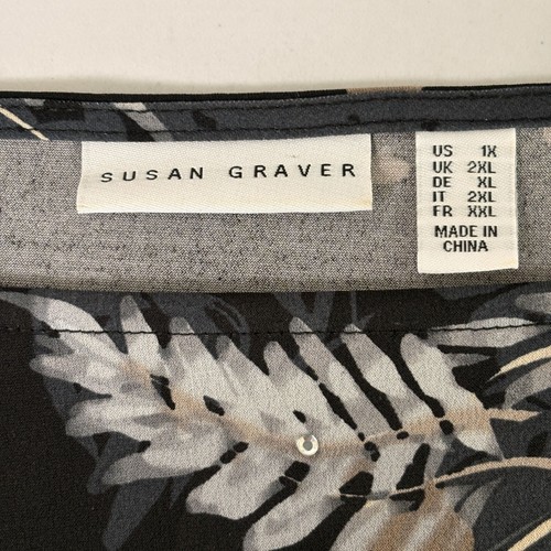 Susan Graver Liquid Knit Tunic Top Size 1X Black Floral Chiffon Sleeves Sequin - Picture 7 of 15