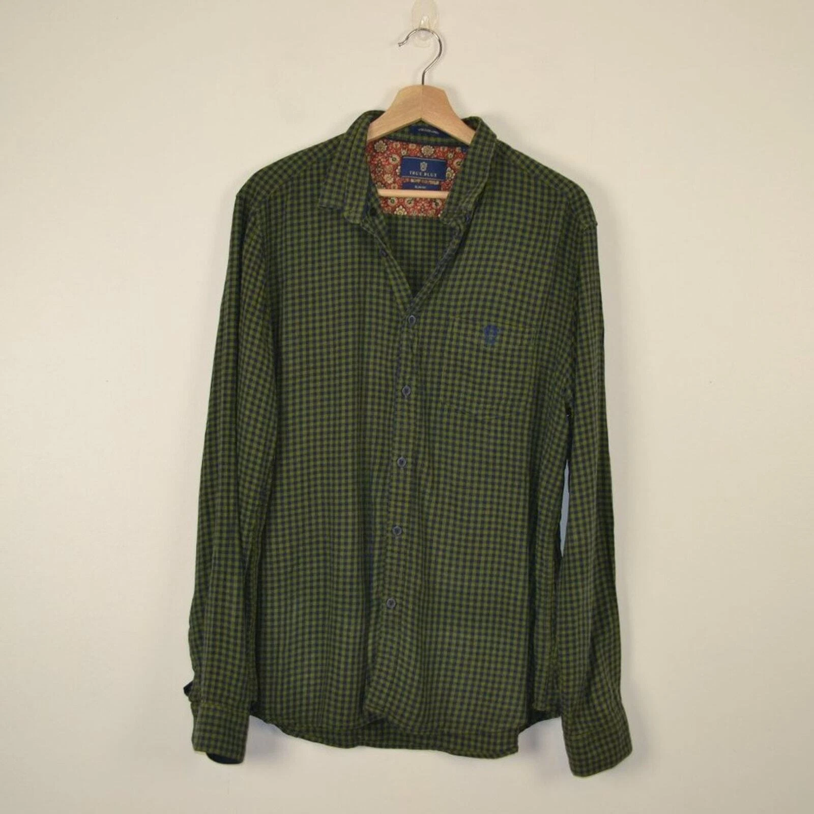 True Blue Viscose Linen Long Sleeve Button Down Checkered Print Mens L Slim Fit