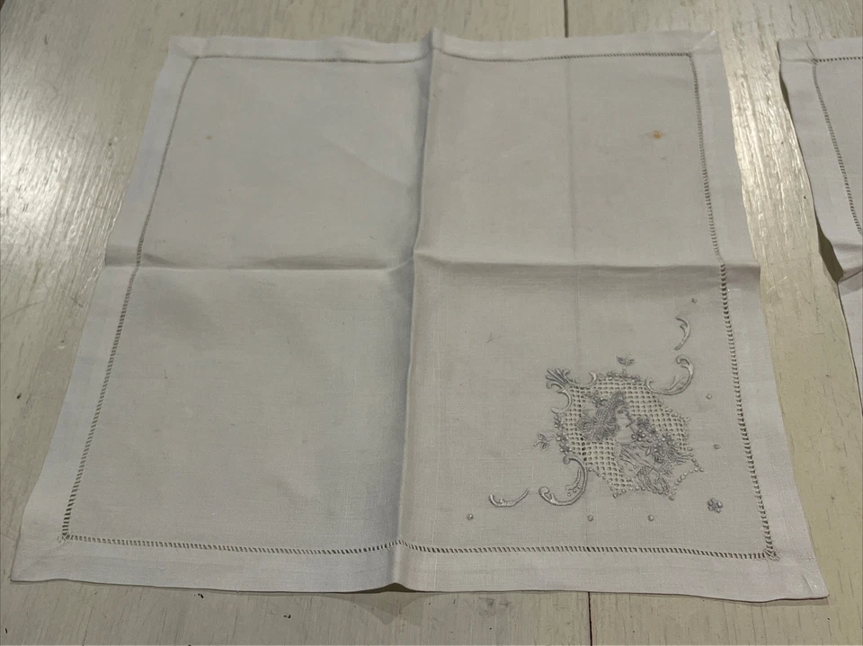 Vintage Dainty White Napkins Handkerchiefs Set Of 4 W/ Silver Embroidered Lady - Image 2 of 4