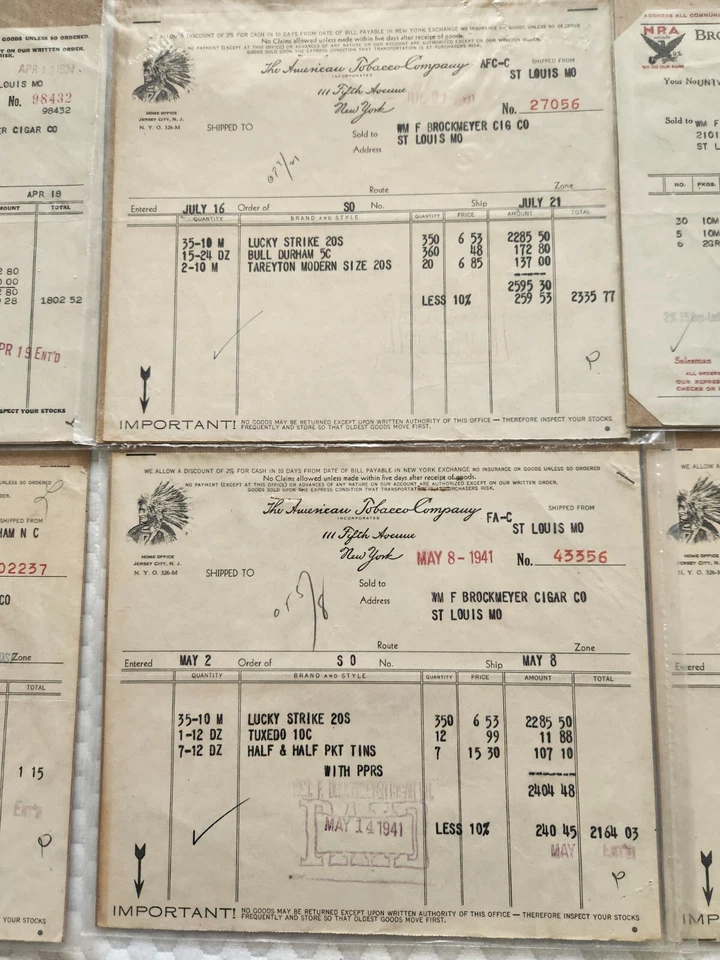 LOTE DE RECIBOS DE VENTA DE AMERICAN TOBACCO COMPANY AÑOS 30 Y 40 Foto 3 de 4