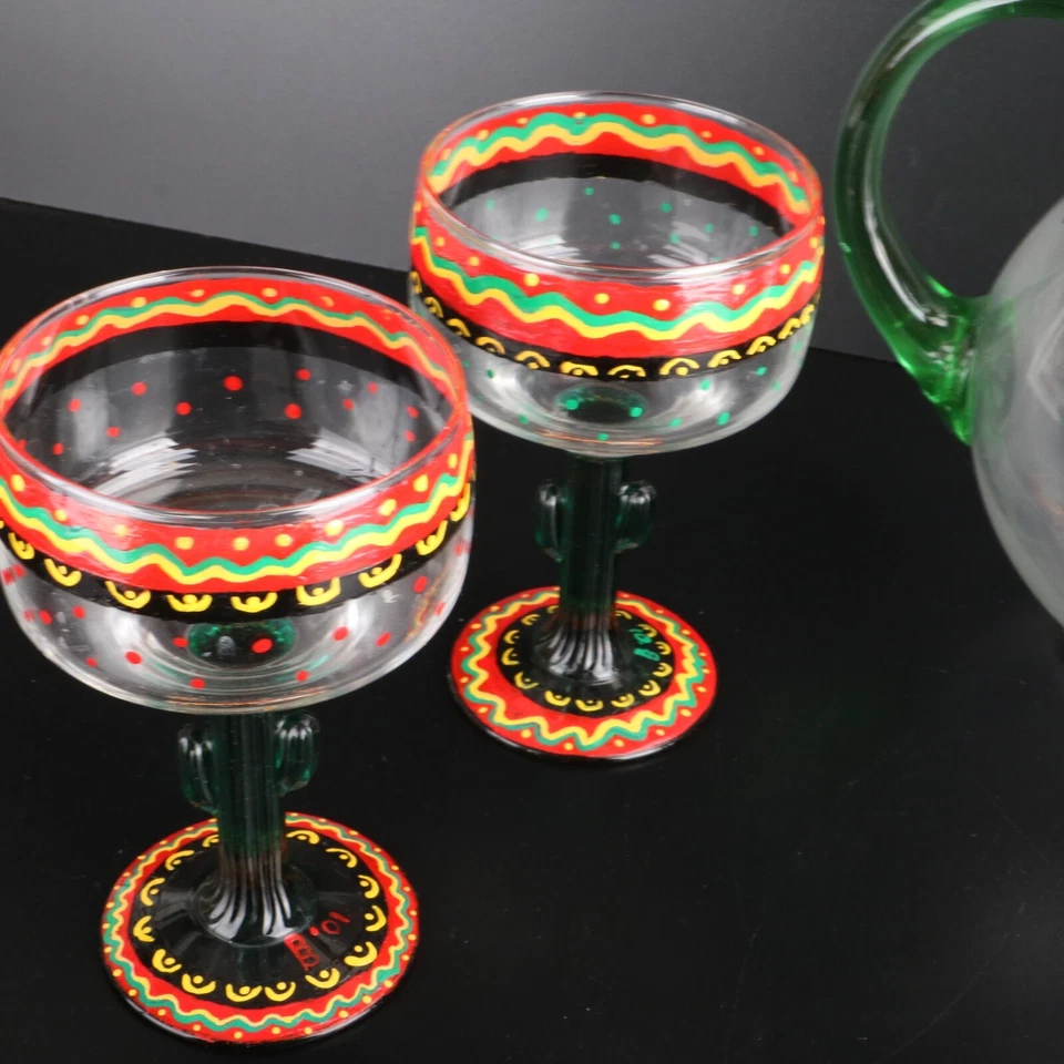 Jarra de vidrio mexicano Margarita diseño naranja rojo con 4 vasos Foto 4 de 4