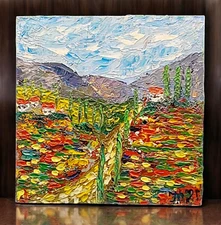 Poppies Cypresses Original Painting Wildflowers Semi-Abstract Art Handmade OOAK