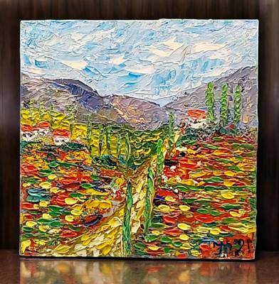 Poppies Cypresses Original Painting Wildflowers Semi-Abstract Art Handmade OOAK
