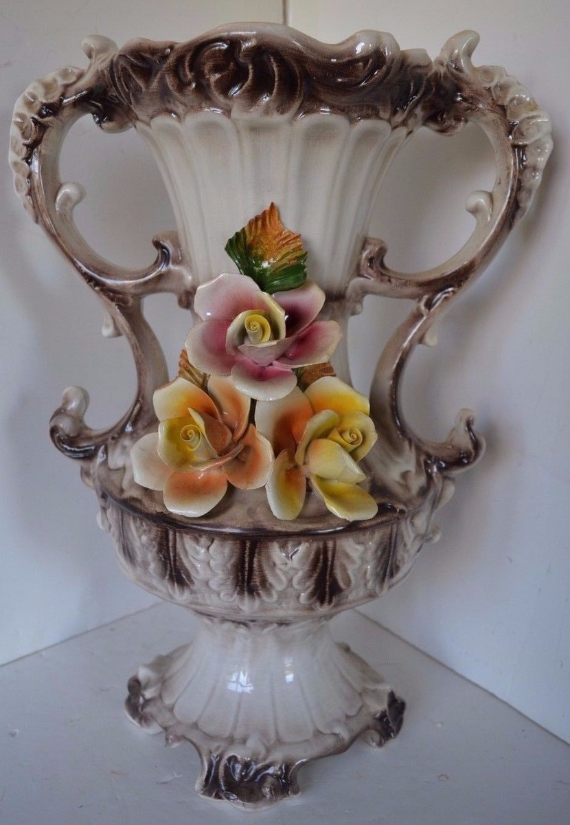 Vintage Capodimonte Flower Double Handle VaseI Italy Porcelain