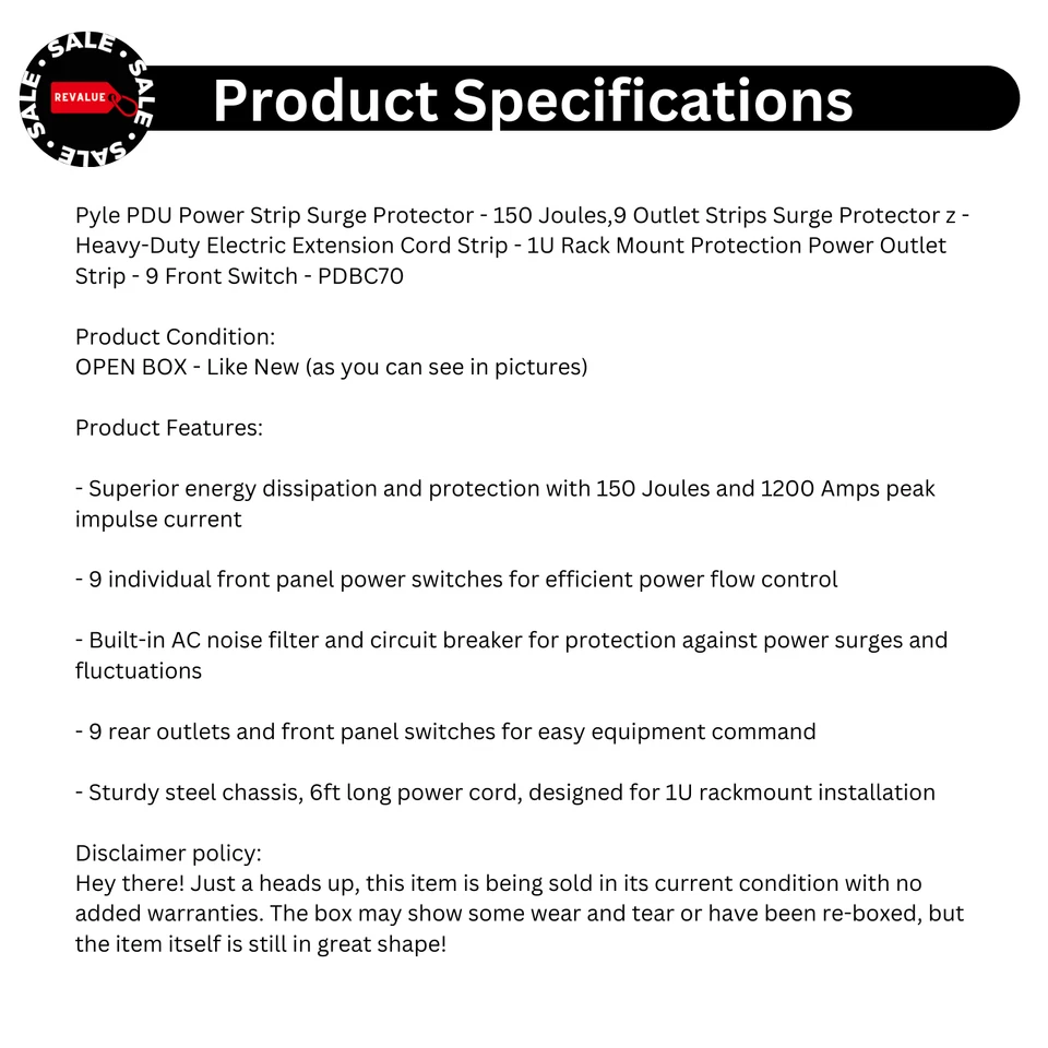 Pyle PDU Power 9 Outlet Strip Surge Protector 150 Joules 9 Front Switch PDBC70 - Image 2 of 4