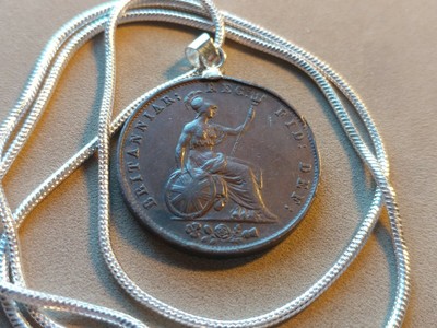 Rare Victorian 1853 English Hay Penny Pendant 24'' White Gold Filled Snake Chain