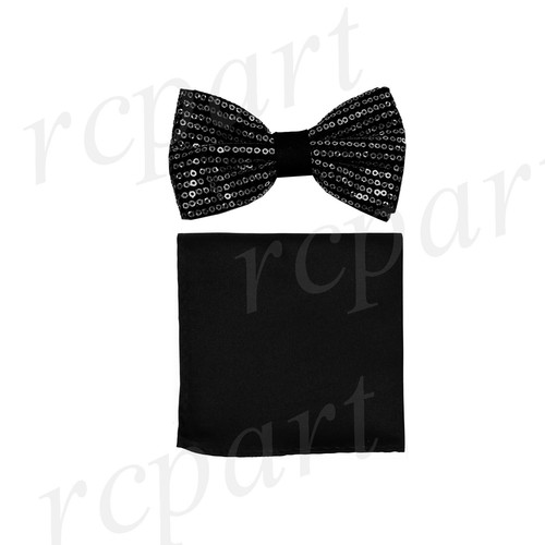 New men's pre-tied bowtie hankie set sequins Black Burgundy Blue Silver Gold - Picture 3 of 7