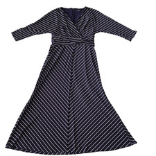 Lauren Ralph Lauren Dress Women 4 Blue Stripe Stretch Jersey Knit Ruched V Neck