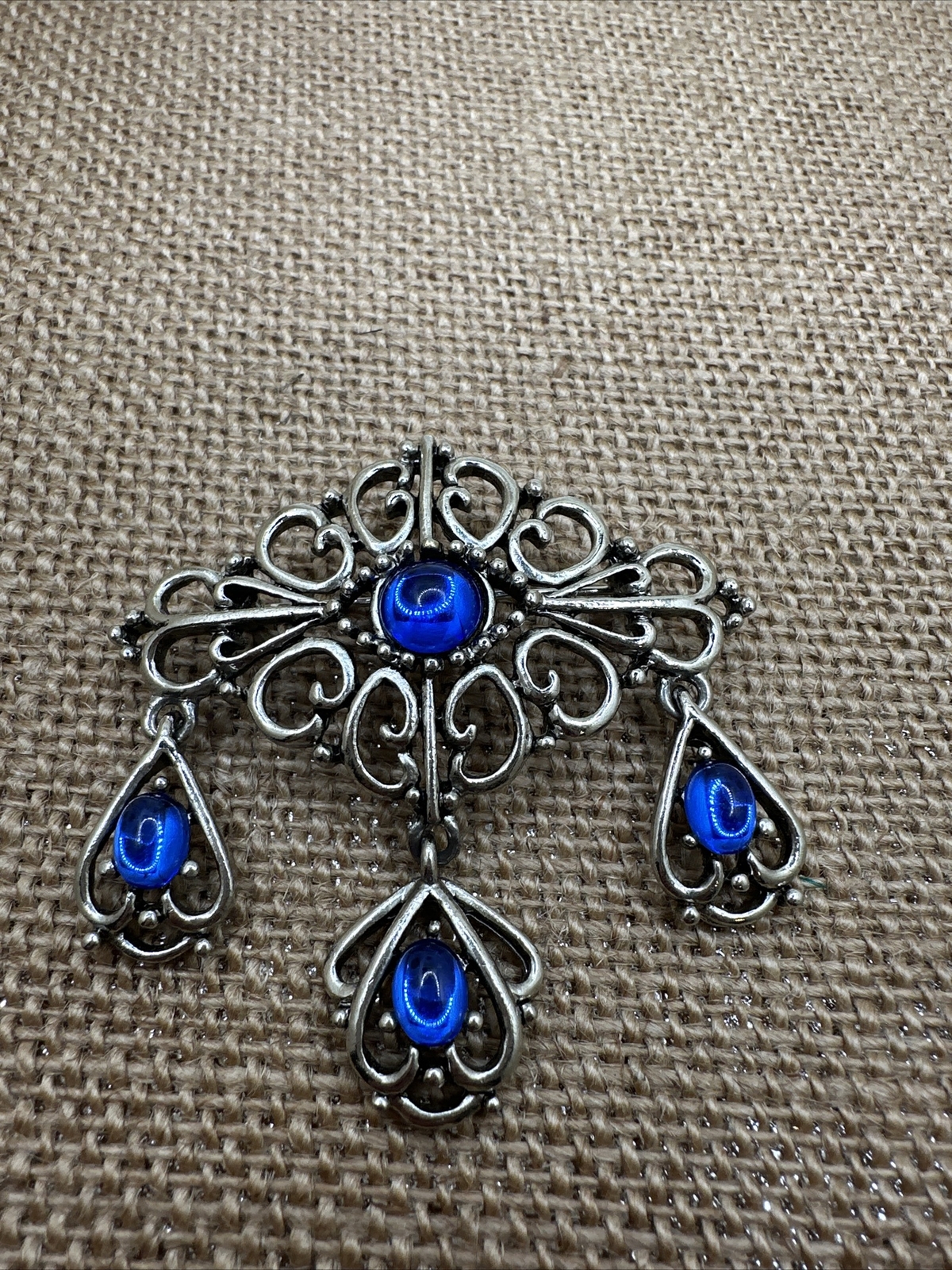 Blue Cabochon Dangle Drop Silver Tone Brooch - image 1
