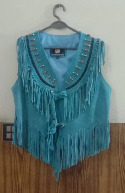 Chaleco Hecho a Mano Turquesa Gamuza Cuero Flecos Chaleco Western Boho Con Cuentas Foto 2 de 4