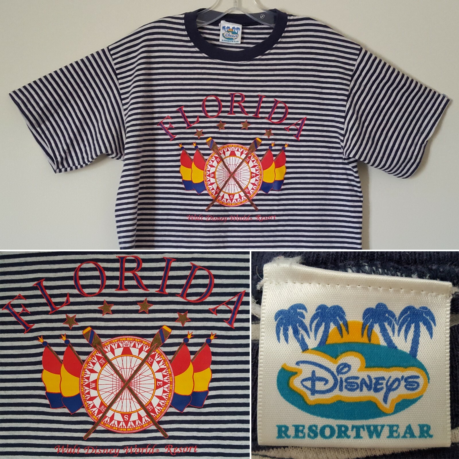 FILA Camicia vintage anni 90 Disney Resortwear WDW Florida a righe blu bianche M. Barca nautica