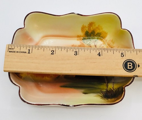 Plato Noritake M pintado a mano Sm festoneado borde dorado puesta de sol casa árbol lago Japón - Imagen 13 de 14