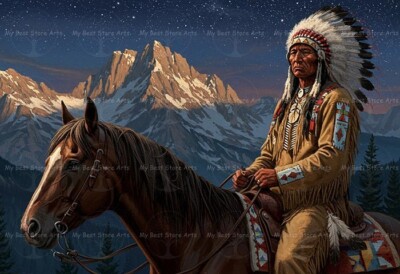 NATIVE AMERICAN WARRIOR ON HORSE ART PRINT, Western Wall Decor, Mountain Poster