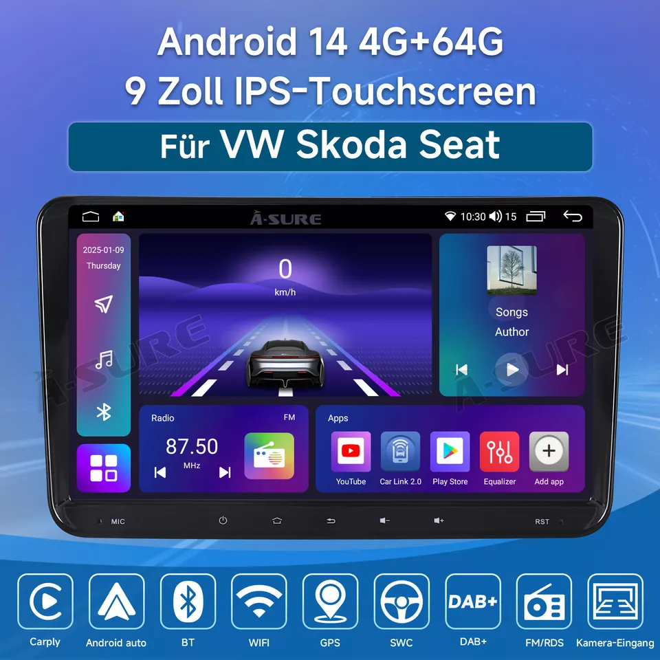 4+64GB Android 14 Autoradio CarPlay GPS Navi für VW Touran Golf 5 6 Passat Polo - Bild 2 von 4