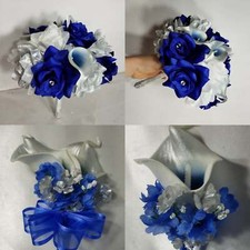 Royal Blue Silver White Rose Calla Lily Bridal Wedding Bouquet Accessories
