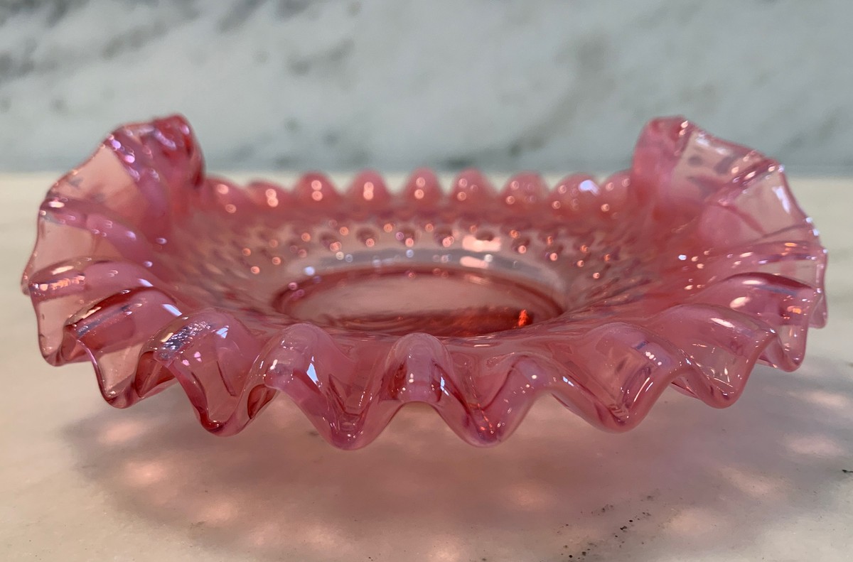 Vintage Fenton Opalescent Pink Ruffled Edge Hobnail Candy Dish 6