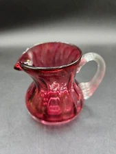 VTG. Pilgrim Cranberry Ribbed Glass Pitcher w/Applied Clear Handle