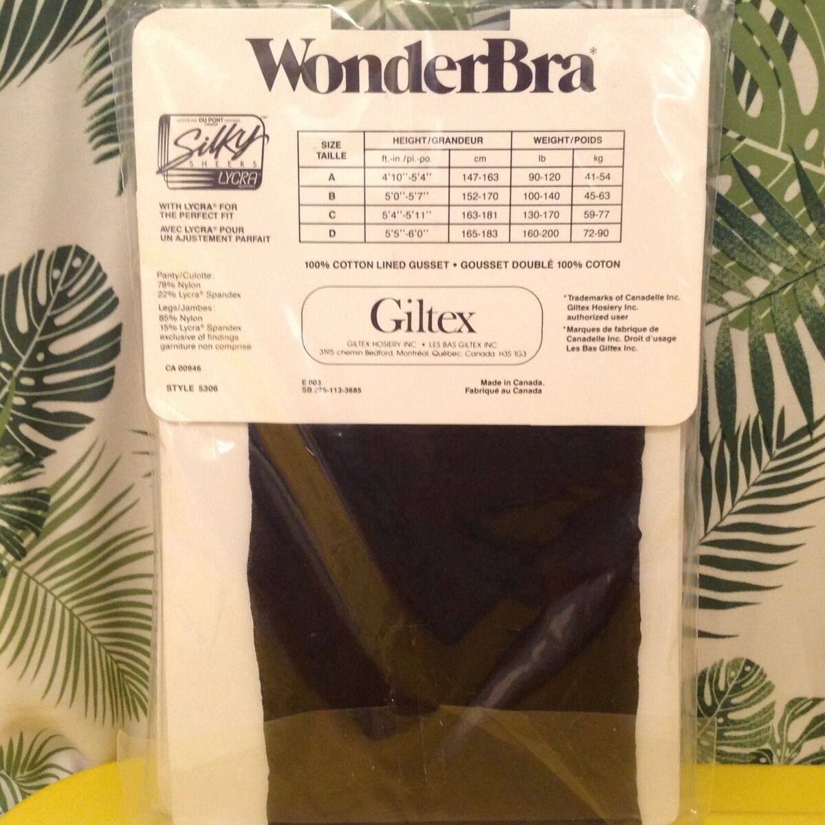 Vintage Pantyhose Wonderbra Light Support Color Black Size B B10WD