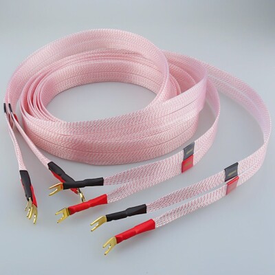 Pair Silver Plated 8N OCC Copper Flat Ribbon Speaker Cable Y Spade Male Plug