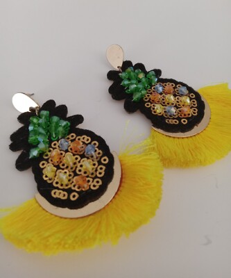 Yellow Colorful Beaded Pineapple Fun Fashion Stylish Trendy Fan Dangle Earrings