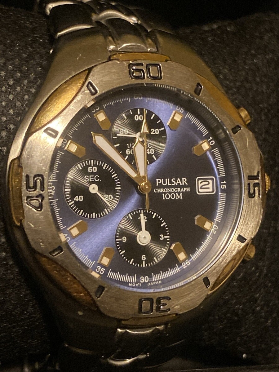RARE PULSAR By SEIKO Chronograph Blue & Gold Tone 38MM YM92