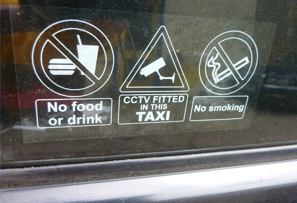 NO FOOD OR DRINK / CCTV / NO SMOKING taxi vehicle inside window sticker 3 sizes