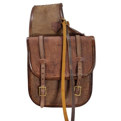Western Handmade Rough Out Leather Horse Floral Saddle Bag Brown SS Buckle