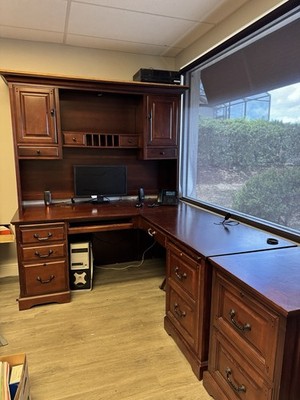Hard Wood Executive L Office Desk with Drawer and Storage Shelf Rustic Brown
