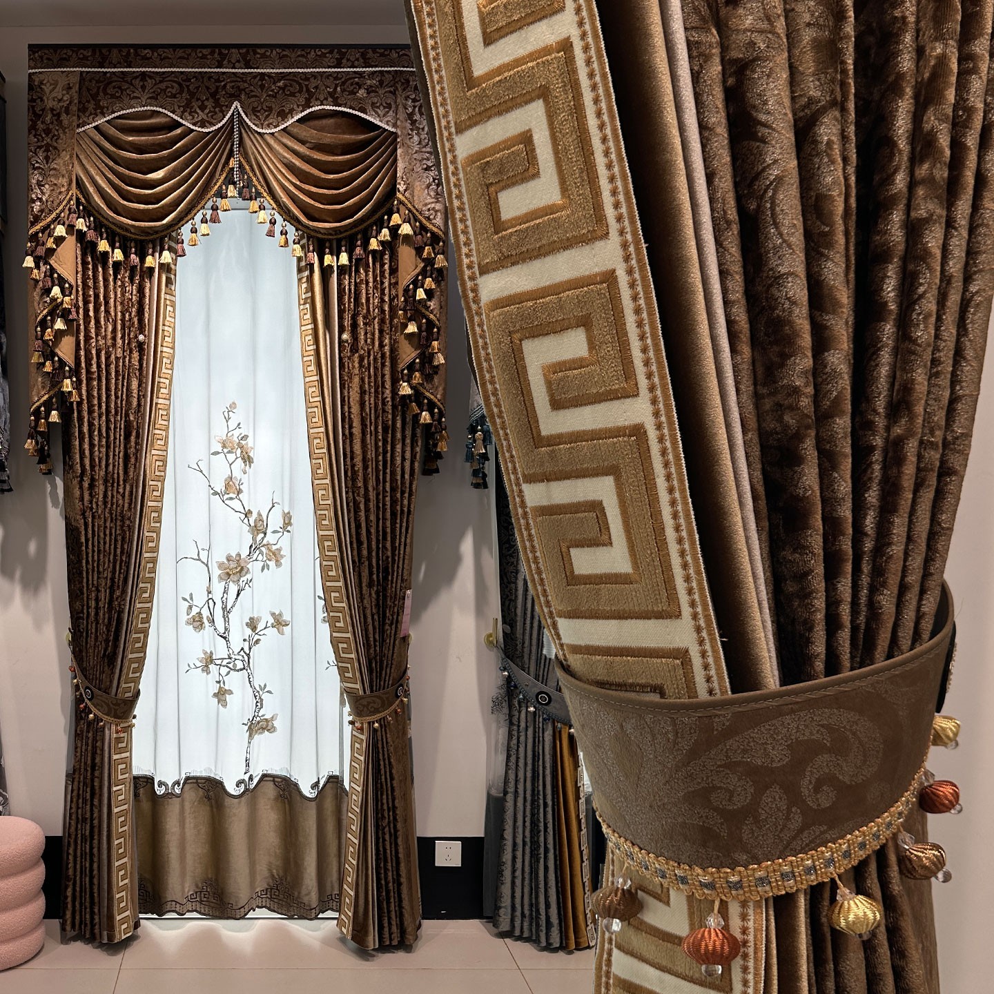 Valance Shade Coffee Velvet Curtain Tulle M1802