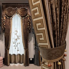 luxury European Embroidery valance shade coffee Velvet curtain tulle M1802