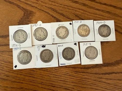 US Barber Half Dollar Lot 9 Coins Mixed Dates and Mint Marks G - VG Silver 50C