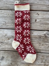 VINTAGE KNITTED WOOL SKINNY CHRISTMAS STOCKING RED AND IVORY SNOWFLAKES