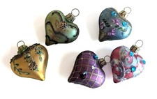 Valentine or Christmas Tree Ornaments, Set of 5 Hearts, 1 1/2", Gold Tone Caps