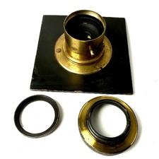 Antique Brass Camera Lens Mounted On wooden Lens Board Working Iris