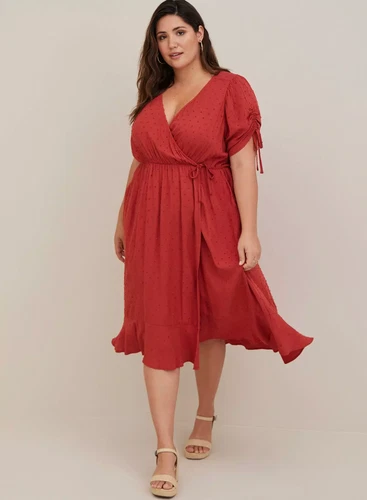 Torrid Red Swiss Dot Midi Surplice Dress - Size 1X