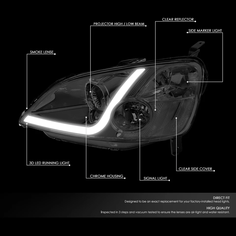 [LED DRL]PARA 01-03 HONDA CIVIC CUPÉ/SEDÁN PROYECTOR TRANSPARENTE AHUMADO FARO Foto 2 de 4