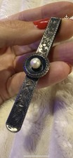 Vintage 950 Silver Engraved Tie Bar Clip w Pearl & Black Onyx Accent