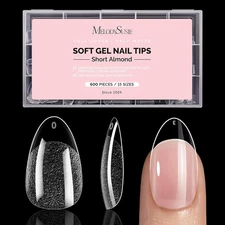 Short Almond X Nail Tips - 600Pcs 15 Sizes Clear Acrylic, Half Matte Full Cover 