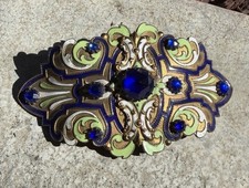 Vintage Art Deco Blue Green White Enamel W/Blue Glass Rhinestone Waist Buckle